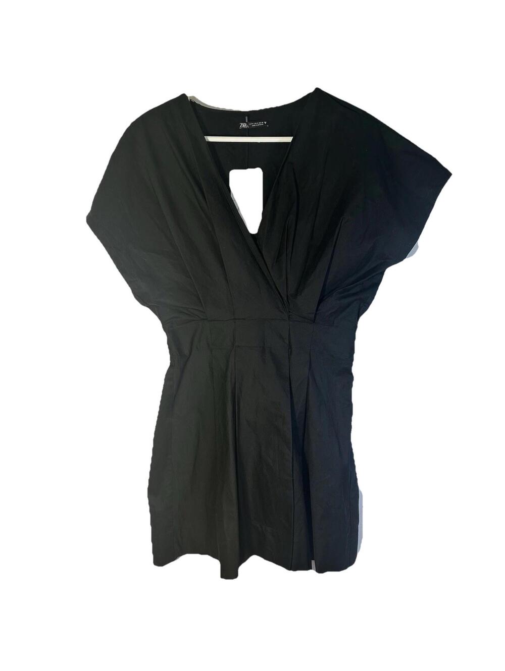 Zara Poplin Dress Womens Size Medium Black V-Neck NWT Short Classy